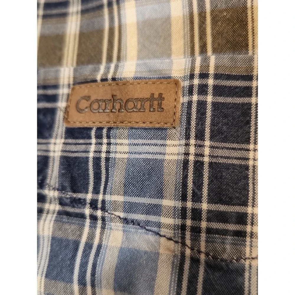 Carhartt Mens Medium Button Down Plaid Long Sleeve Shirt Cotton Leather Logo NEW